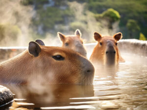 温泉につかるカピバラ