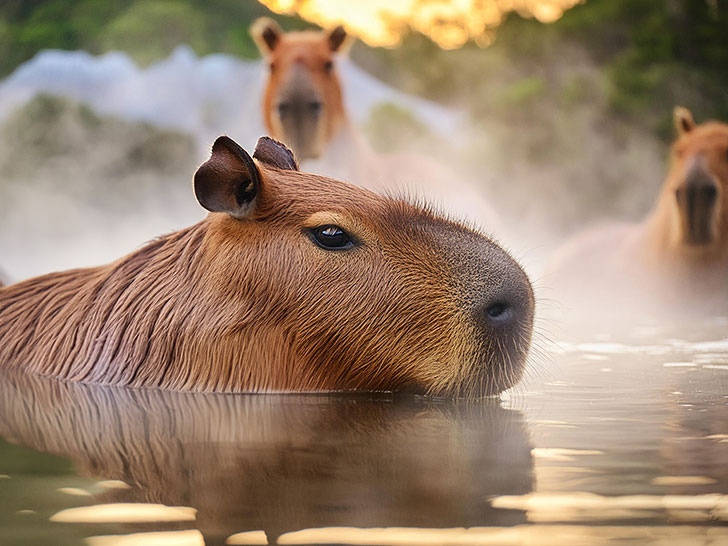 温泉につかるカピバラ