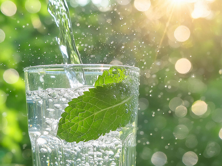 ミントの葉の入った冷たい炭酸水