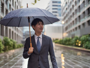 スーツを着て雨傘をさす若い男性