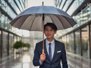 スーツを着て雨傘をさす若い男性