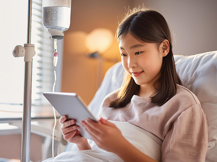 病院のベッドでタブレットを見る中学生の女の子