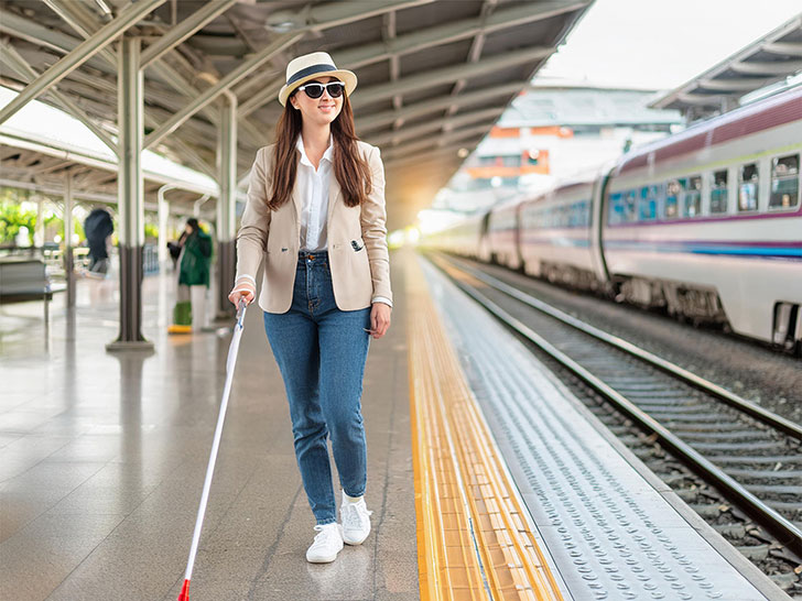 白杖をついて駅のホームを歩く女性