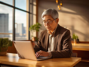 おしゃれなオフィスで仕事をするシニア男性