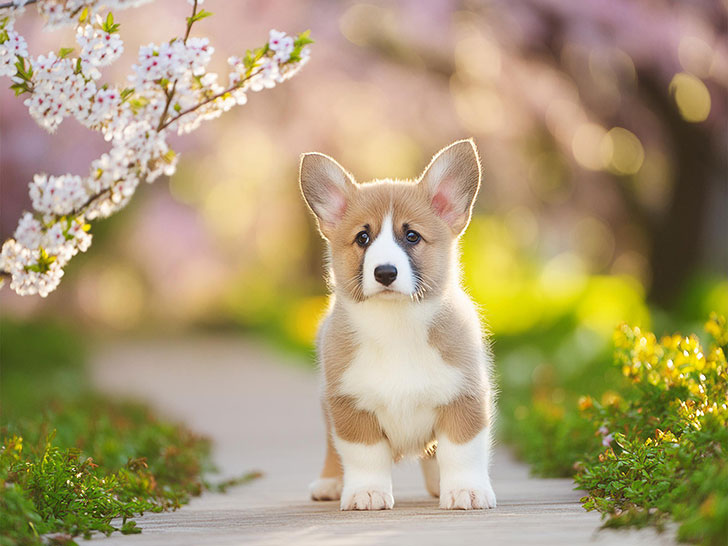 春の小道に立つかわいいコーギーの子犬