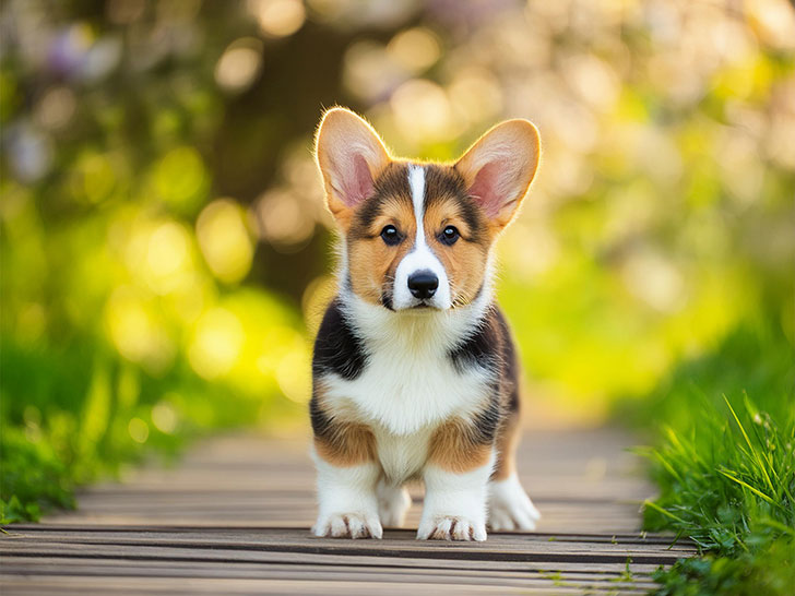 春の小道に立つかわいいコーギーの子犬