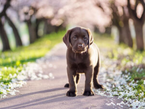 春の小道に立つかわいいラブラドールの子犬