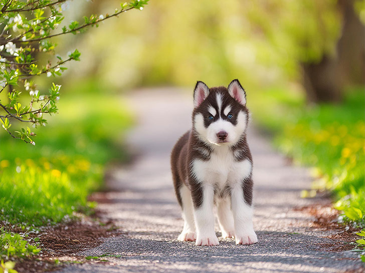 春の小道に立つかわいいハスキーの子犬