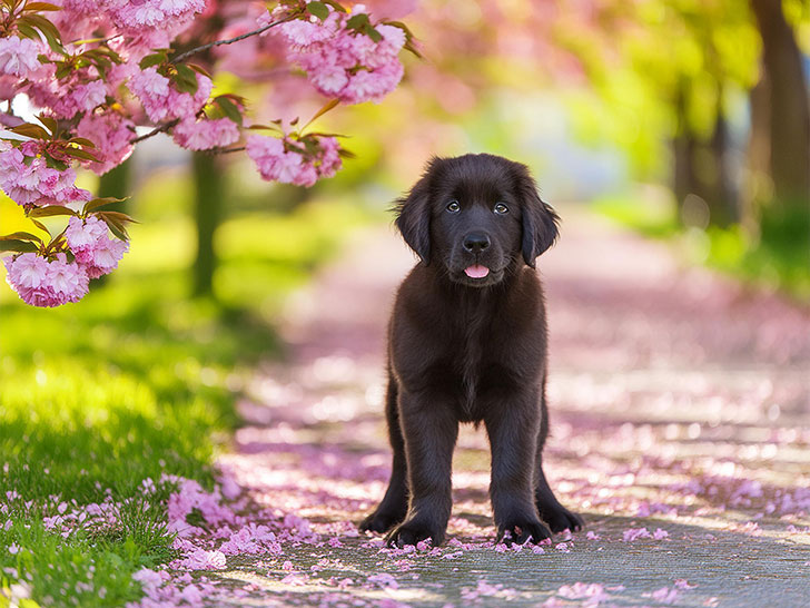 春の小道に立つかわいいラブラドールの子犬