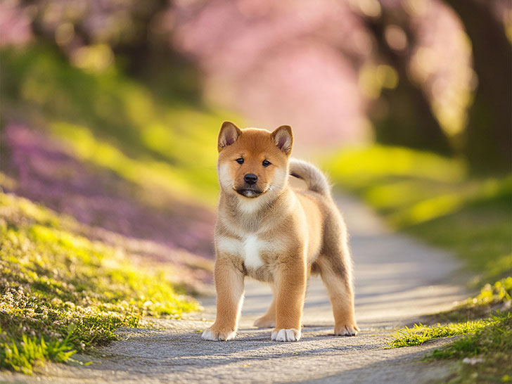 春の小道に立つかわいい柴犬の子犬