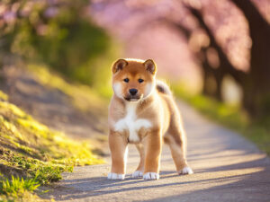 春の小道に立つかわいい柴犬の子犬