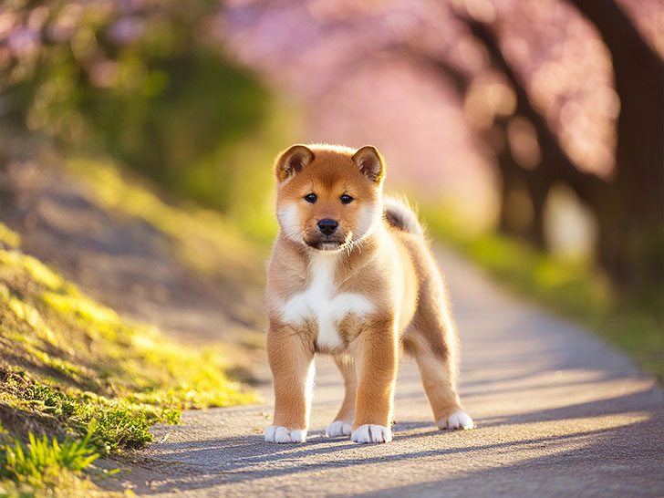 春の小道に立つかわいい柴犬の子犬