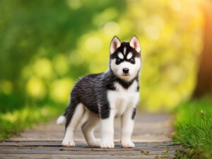 春の小道に立つかわいいハスキーの子犬