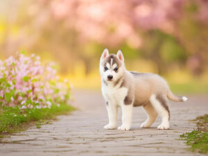 春の小道に立つかわいいハスキーの子犬