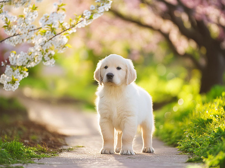 春の小道に立つかわいいゴールデンレトリーバーの子犬