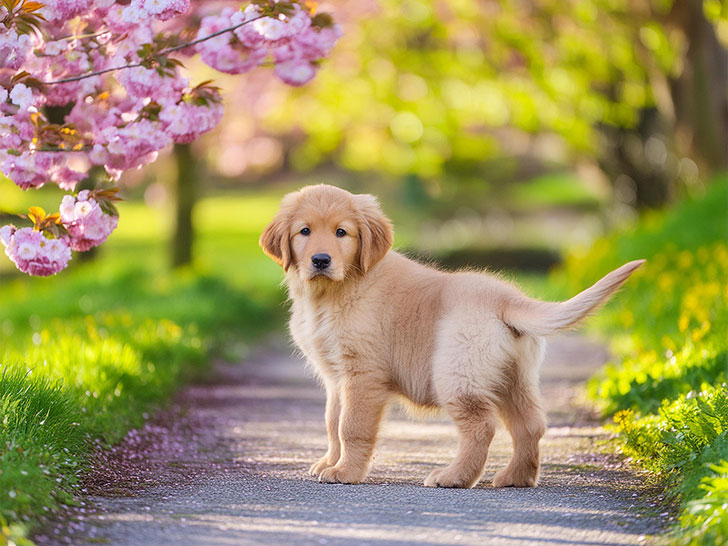 春の小道に立つかわいいゴールデンレトリーバーの子犬