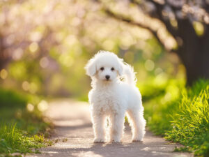 春の小道に立つかわいいトイプードルの子犬