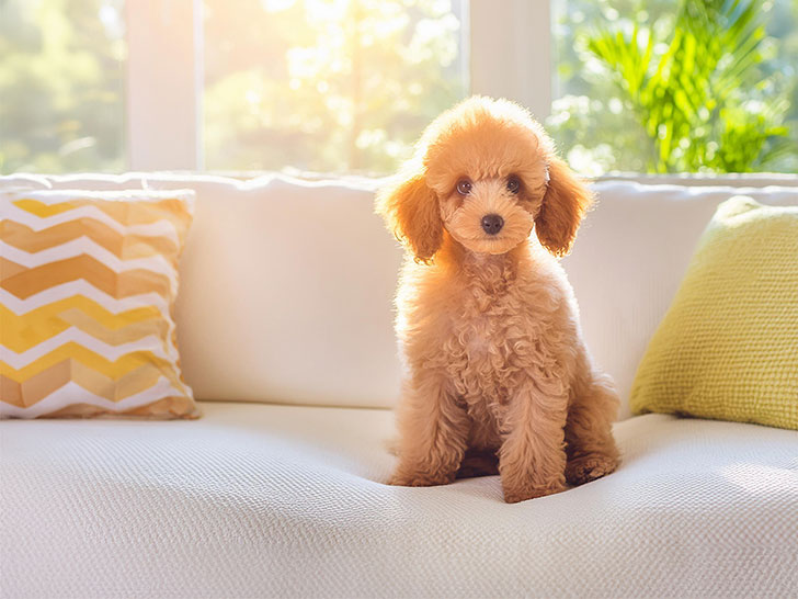 白いソファに座るトイプードルの子犬