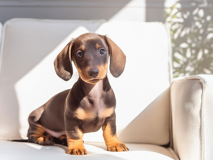 白いソファに座るミニチュアダックスの子犬