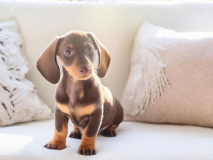 白いソファに座るミニチュアダックスの子犬