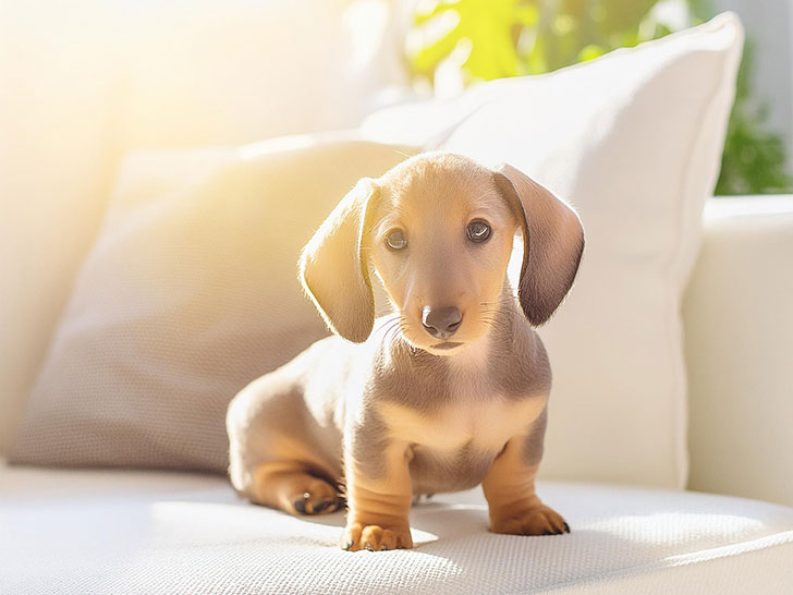 白いソファに座るミニチュアダックスの子犬