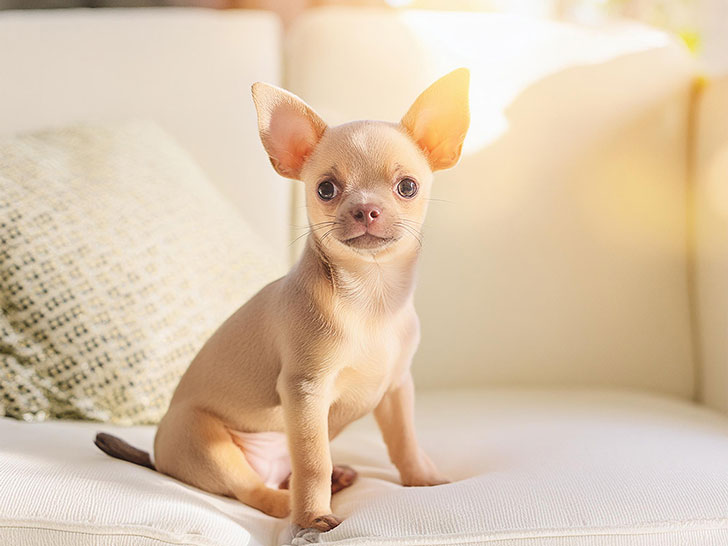 白いソファに座るチワワの子犬