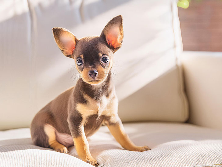 白いソファに座るチワワの子犬