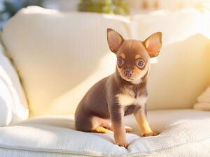 白いソファに座るチワワの子犬