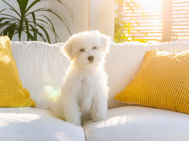 白いソファに座るマルチーズの子犬