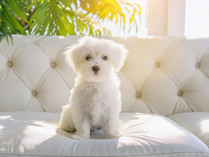 白いソファに座るマルチーズの子犬