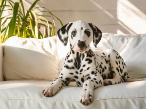 白いソファに座るダルメシアンの子犬