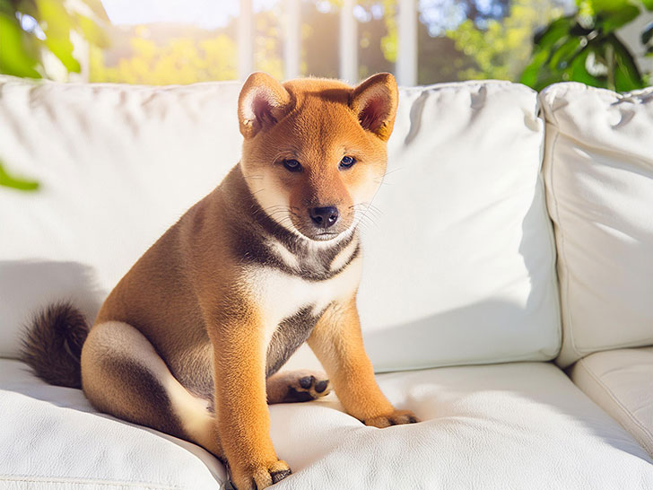 白いソファに座る柴犬の子犬