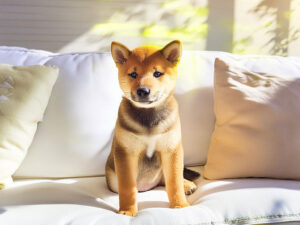 白いソファに座る柴犬の子犬