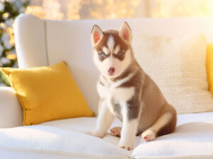 白いソファに座るハスキーの子犬