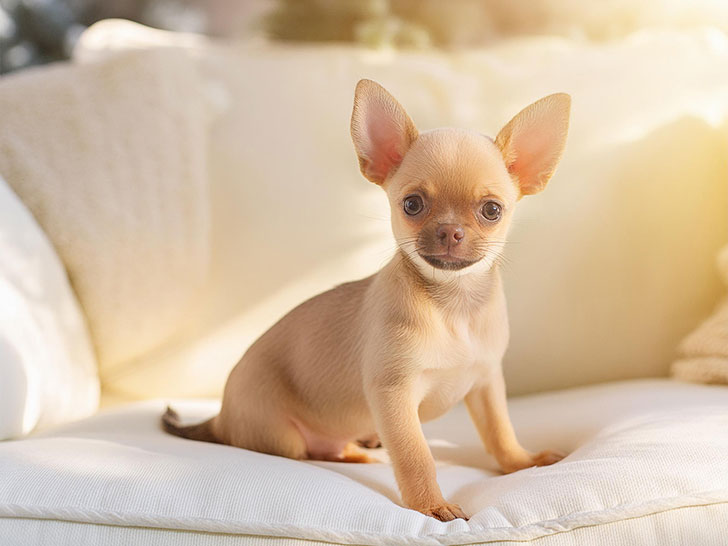 白いソファに座るチワワの子犬