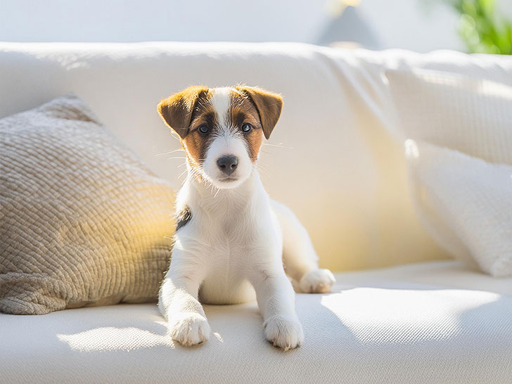 白いソファに座るコーギーの子犬