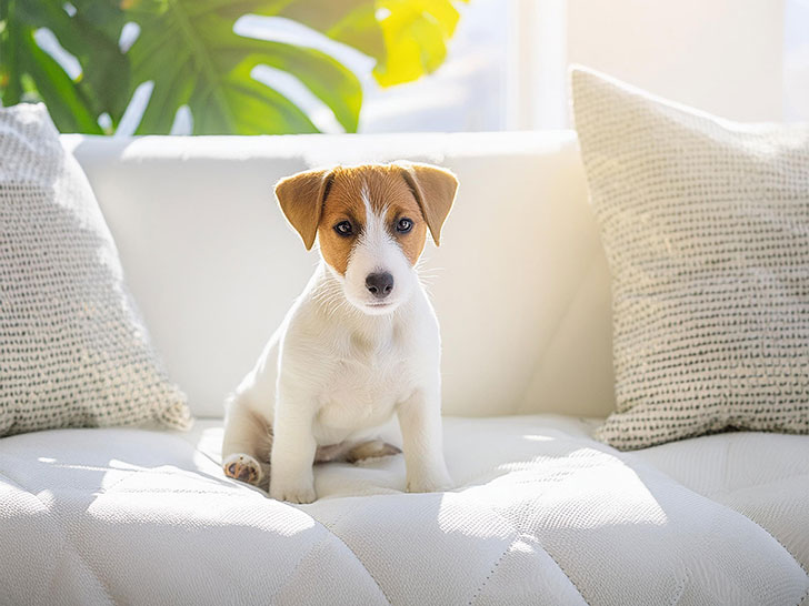 白いソファに座るコーギーの子犬