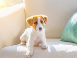 白いソファに座るコーギーの子犬