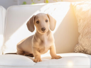 白いソファに座るミニチュアダックスの子犬