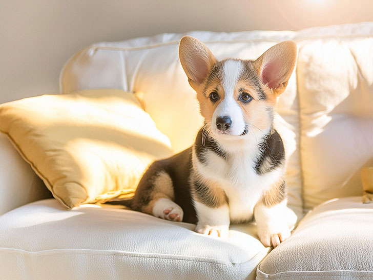 白いソファに座るコーギーの子犬