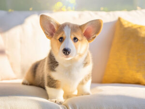 白いソファに座るコーギーの子犬