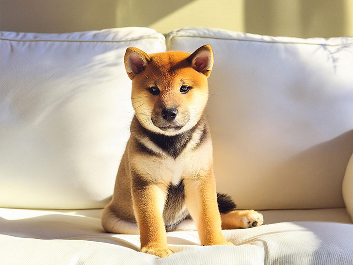 白いソファに座る柴犬の子犬