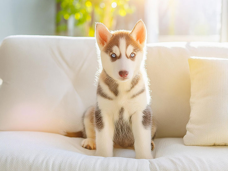 白いソファに座るハスキーの子犬