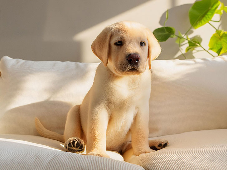 白いソファに座るラブラドールの子犬