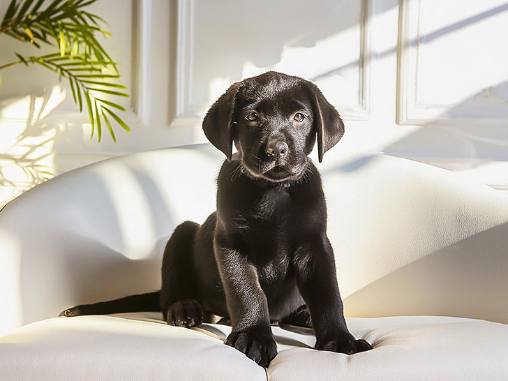 白いソファに座るラブラドールの子犬