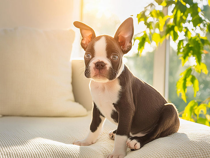 白いソファに座るボストンテリアの子犬