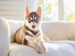 白いソファに座るハスキーの子犬