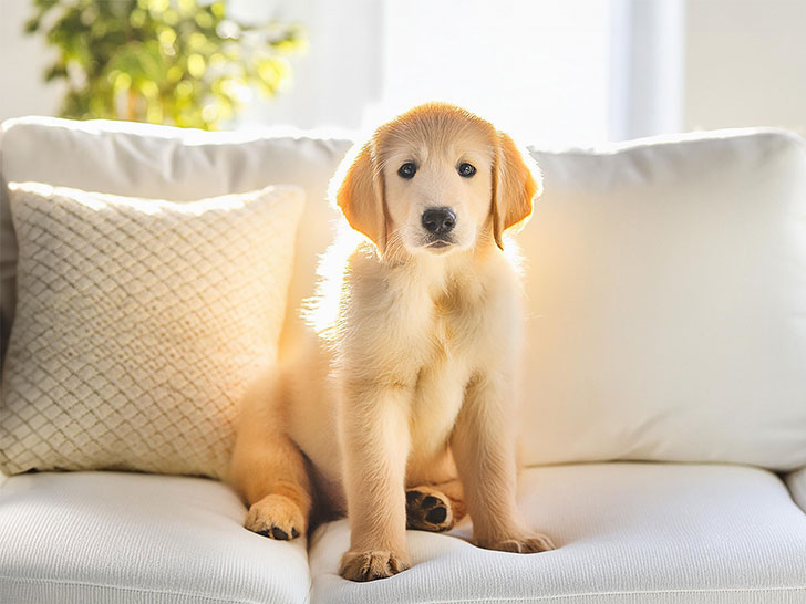 白いソファに座るゴールデンレトリーバーの子犬