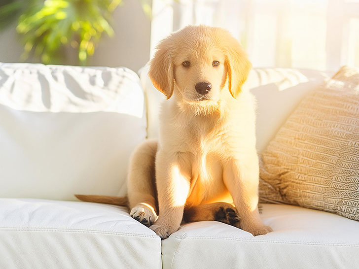 白いソファに座るゴールデンレトリーバーの子犬