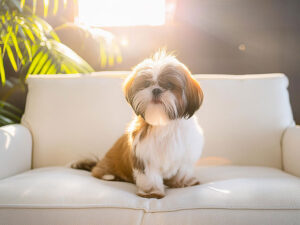 白いソファに座るシーズーの子犬